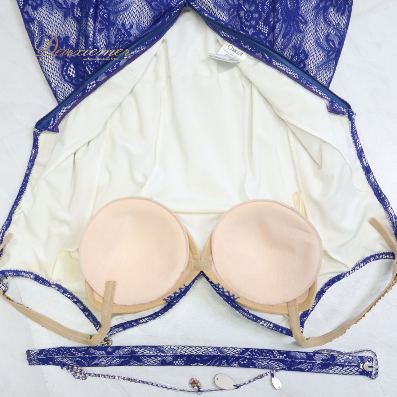 【美品 社交ダンス衣装】ブルー Chacott チャコット ワンピース ドレス 青 フリル レース 高級感 上品 デモ 競技用 ダンス