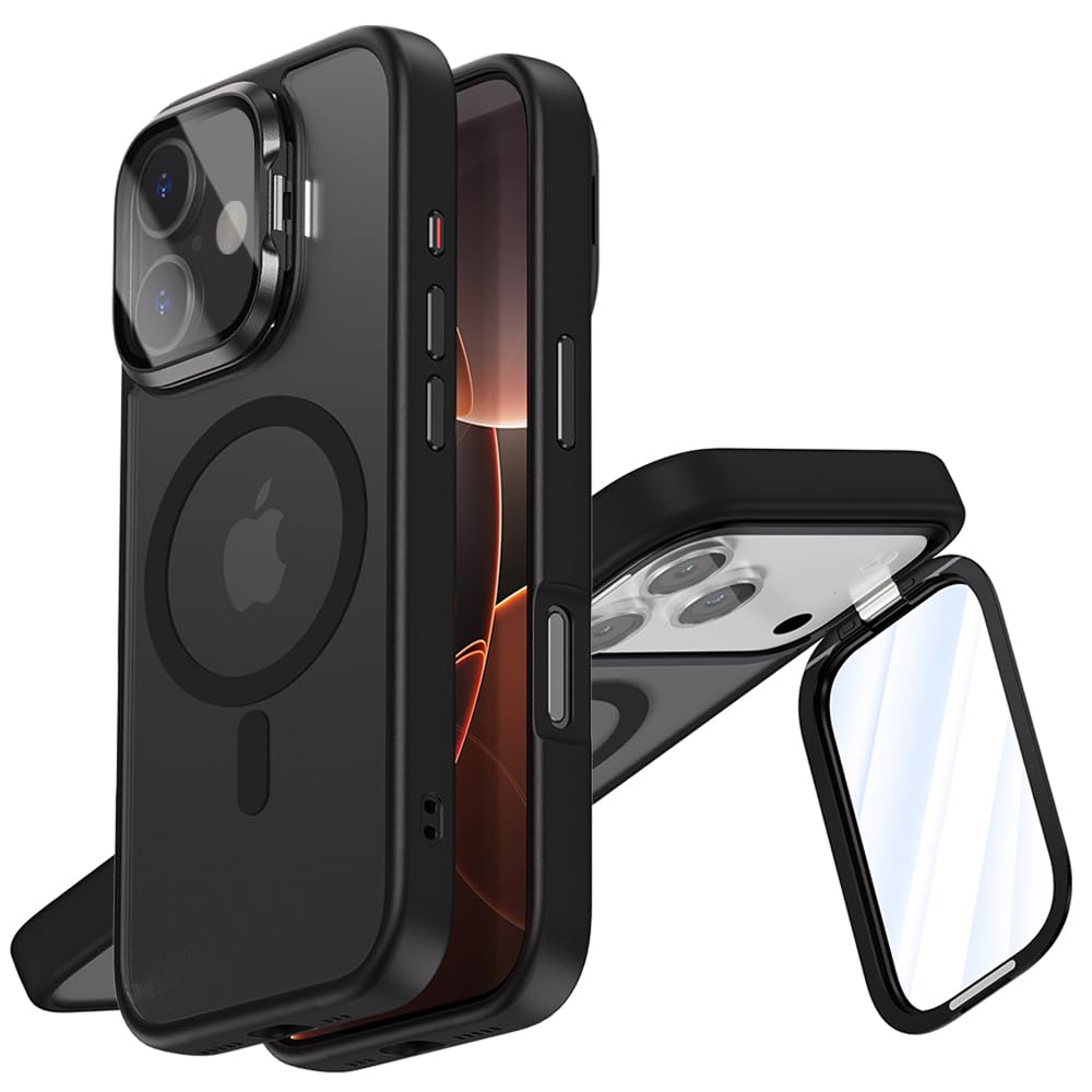 YUYIB【カメラレンズガラス保護・スタンド+MagSafe対応 】スマホケース 対応 iPhone 17 ケース マット 半透明背面 クリア 隠しレンズスタンド付き レンズガラス全面保護 マグネット式 ストラップホール付き 磁石 ワイヤレス充電対応 アイフォン17 携帯カバー (ブラック, iPhone 17)