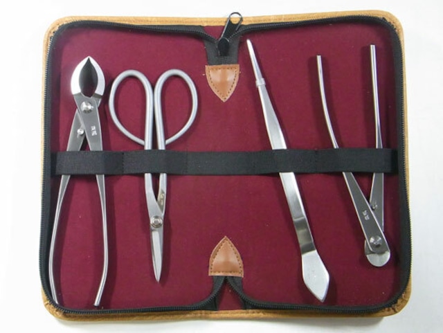 盆栽道具 ステン 4点セット No.173S (No.802,No.827,No.814,No.60,道具ケース小) 兼進 Bonsai Tool Set Kaneshin