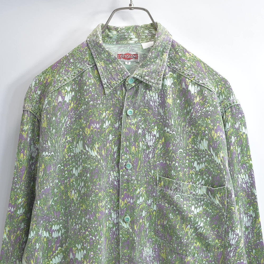 ヴィンテージ レトロ古着 バロック調総柄シャツジャケット シアー感 七分袖 緑系 ヴィンテージ レトロ古着 バロック調総柄シャツジャケット シアー感 七