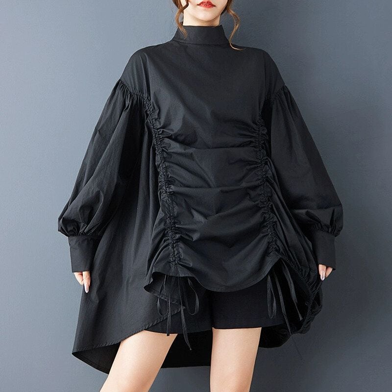 BLACK HIGH NECK PULLOVER DESIGN TUNIC SHIRT 1color M-14954
