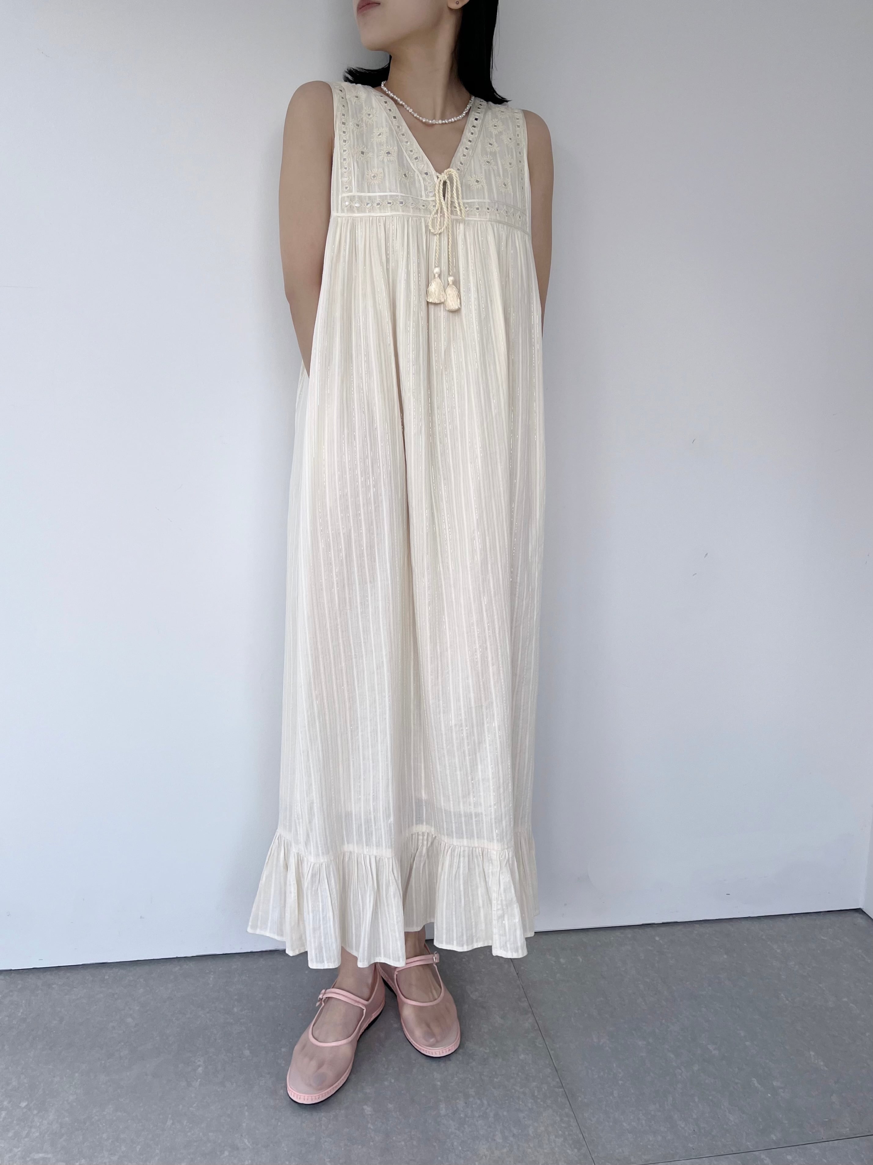 Sara Mallika Cotton Strip Jaquard Mirror Embroidery Dress | KOKO