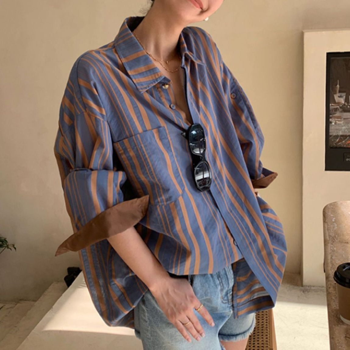 contrast cuffs striped shirt 12698