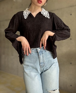 【3/21 21:00〜】ワッシャー加工レース襟デザイントップス【ブラック】