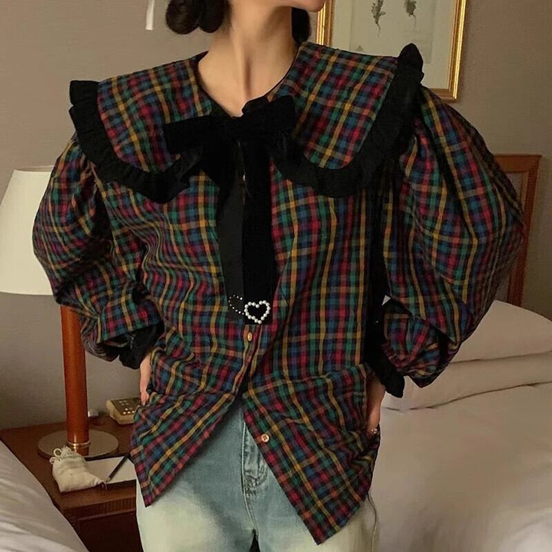 ピーターパンカラーリボンシャツブラウスチェック柄甘いロパルーズ長袖 ピーターパンカラーリボンシャツブラウスチェック柄甘いロパルーズ長袖