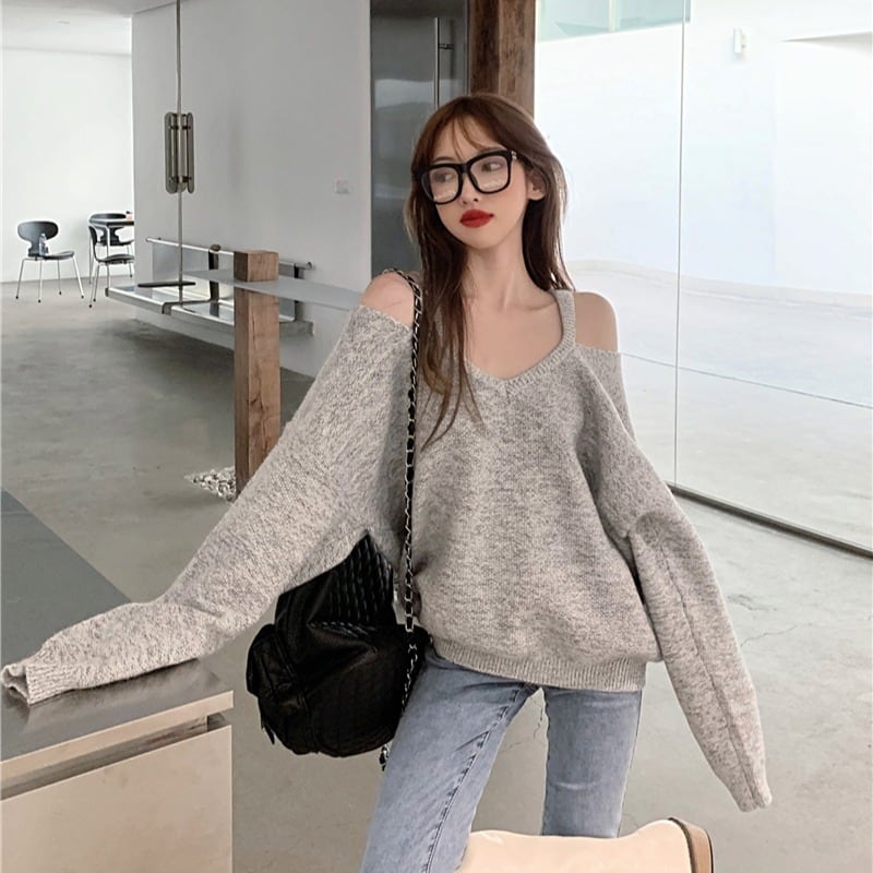 プルオーバー Vネックセーター レディースオータムスタイルルーズニットトップス ロング 秋物 ドラファッションホール55853640457