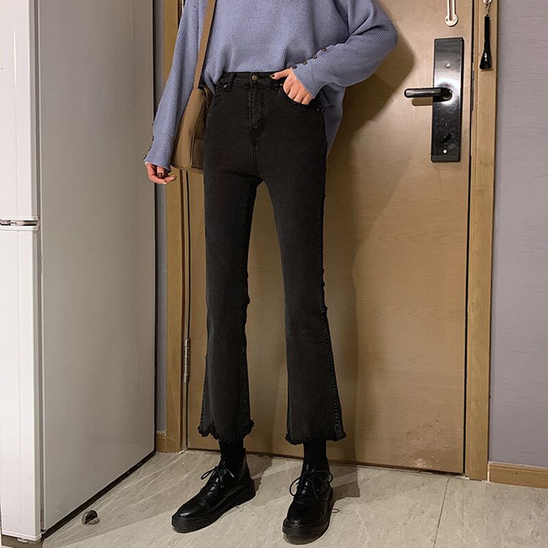 ブラックグレージーンズレディース2020新バージョン秋冬不規則擦り切れマイクロスリムスリムストレートパンツ クレセントシティ46626055179