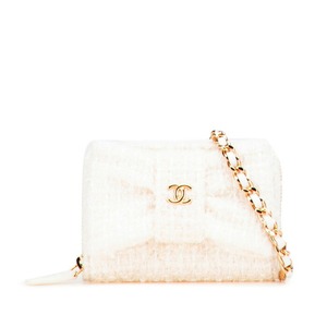 シャネル ココマーク リボン ミニ チェーンウォレット コインケース ホワイト ゴールド ツイード レザー レディース CHANEL 【中古】