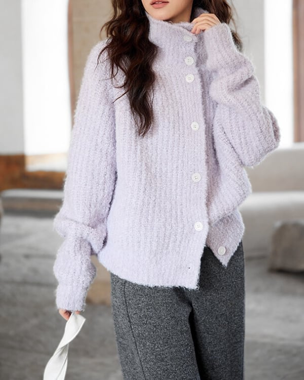 High-neck loose rib knit cardigan TH3711
