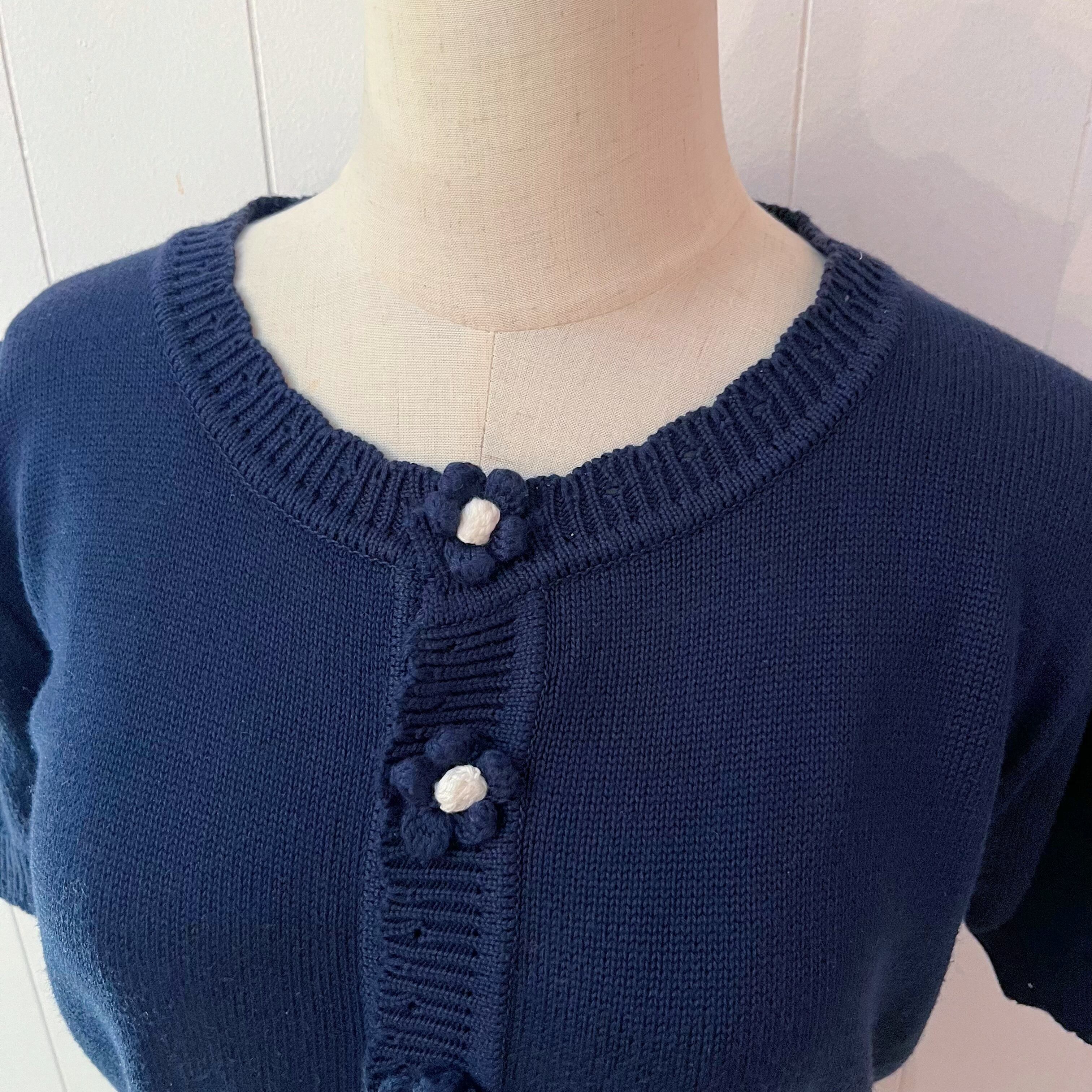 flower button navy knit cardigan