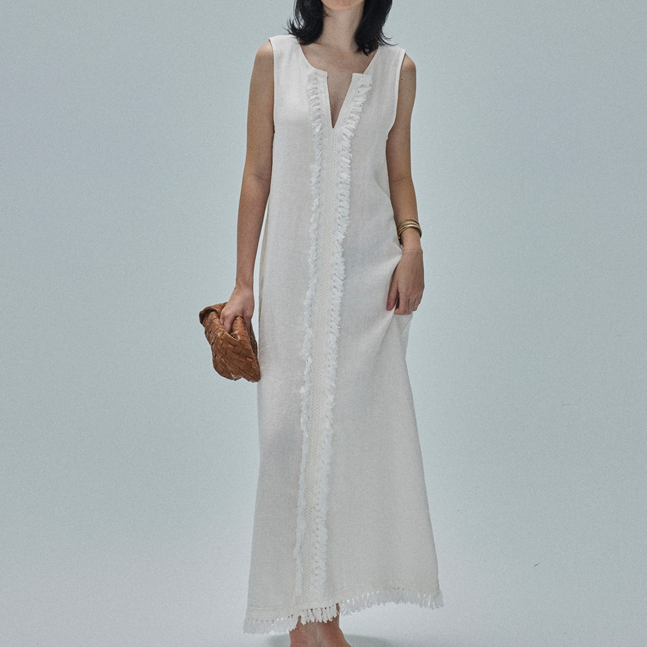 Fringe-Trimmed Maxi Sleeveless Dress T4335