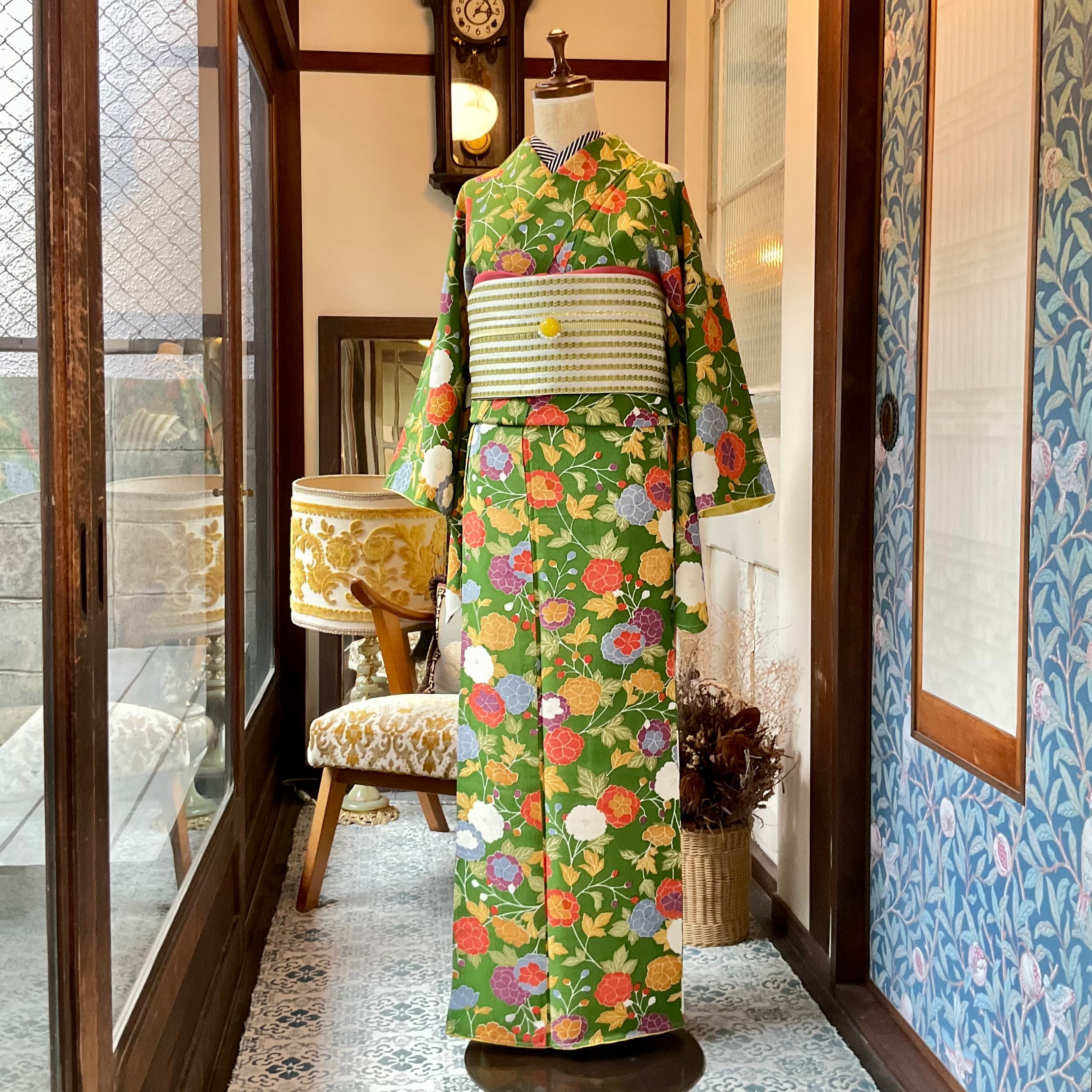 long*碧の園*未使用品 紅型調 縮緬 小紋着物 A907 | kimono tento long*碧の園*未使用品 紅型調 縮緬 小紋着物 A907 | kimono tento