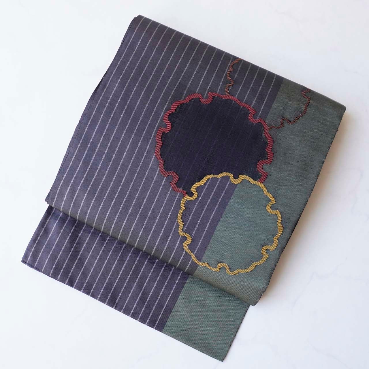 【ふくろ帯】まこと織物製 墨×老竹色 縞に雪輪文 ふくろ帯