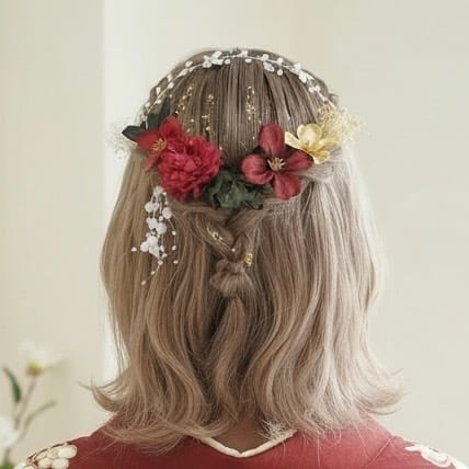 A585 ストーンカチューシャ ドライフラワー 髪飾り 赤黒 卒業式 袴 成人式 振袖 結婚式 和装