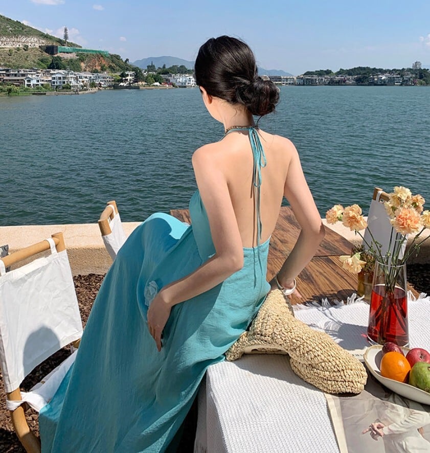 ワンピース parasol99 リゾートワンピース バックレス フラワーモチーフ 立体花 マキシ丈