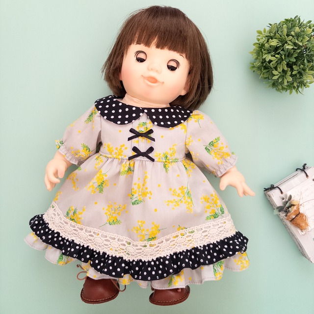 ２段フリルワンピース（グレーミモザ黒水玉）ぽぽちゃん