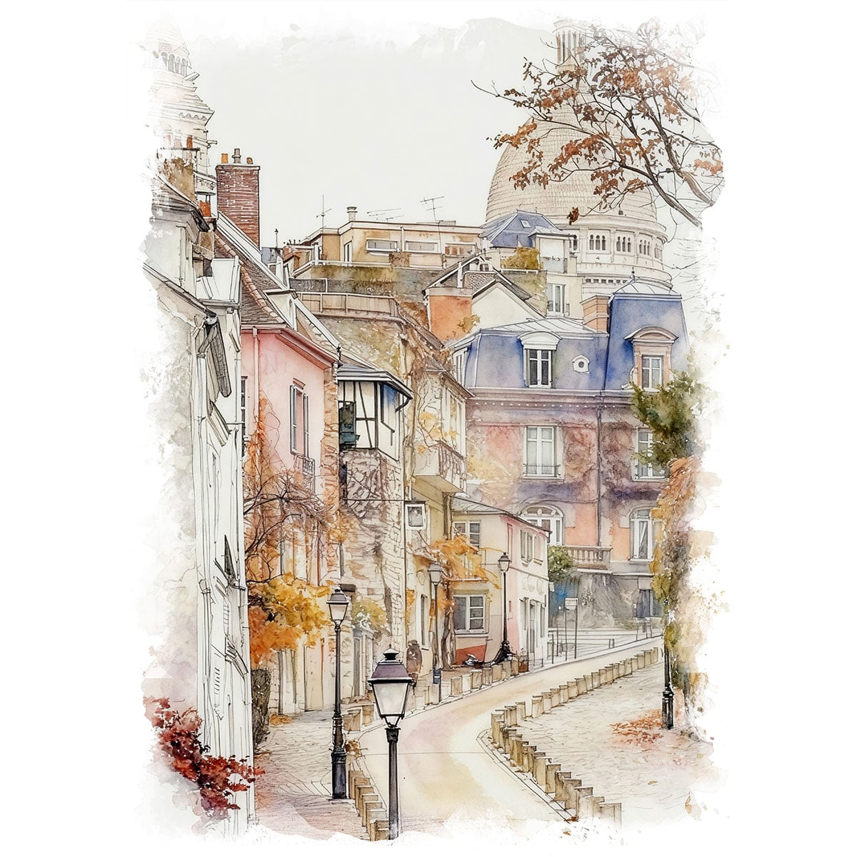 絵画 風景画(街並み) フランス パリ モンマルトル インテリアアート額付き 水彩画・油絵調 WAT0748