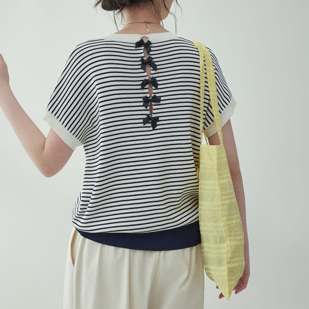 french striped ribbon knit half sleeved sweater