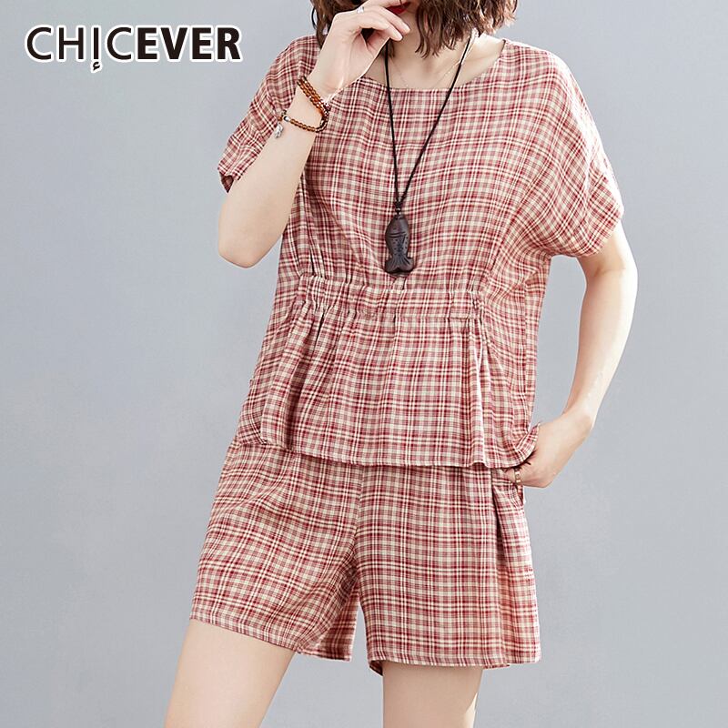 CHICEVERチェック柄ヒットカラースーツOネック半袖Tシャツウエストポケットショーツプラスサイズツーピースセットレディース2020 ショート ハーフスリーブ 大きめサイズ ブルマー 6base568325342816