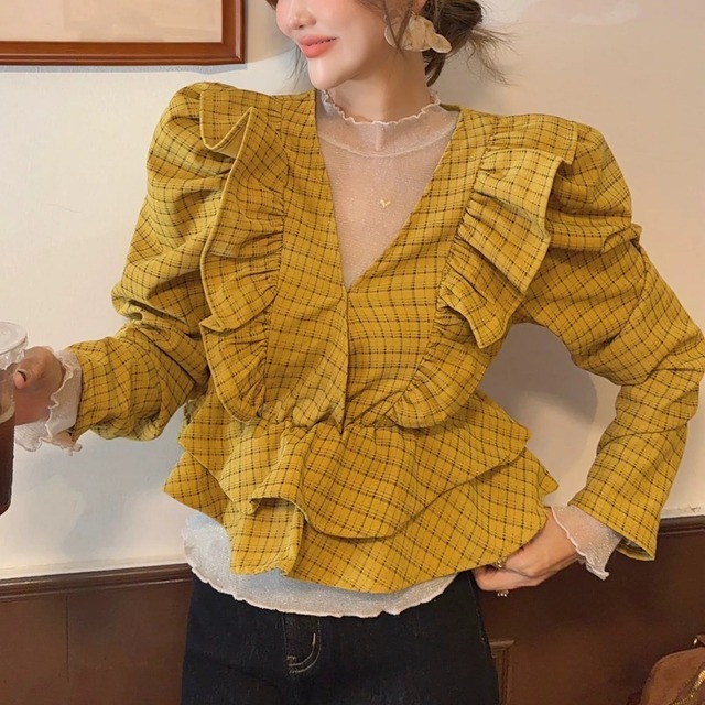 Puff sleeve check frill blouse　M4706