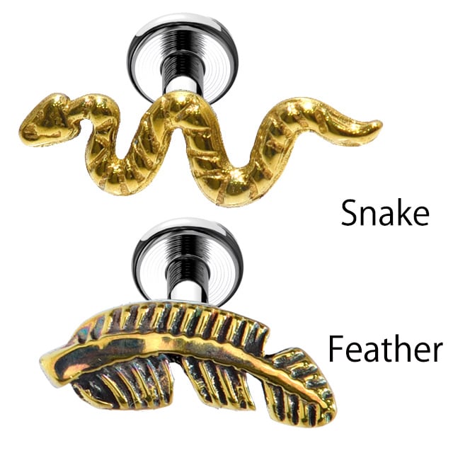 金属アレルギー対応 羽根ピアス 蛇ピアス 18G 16G ゴールド チタン