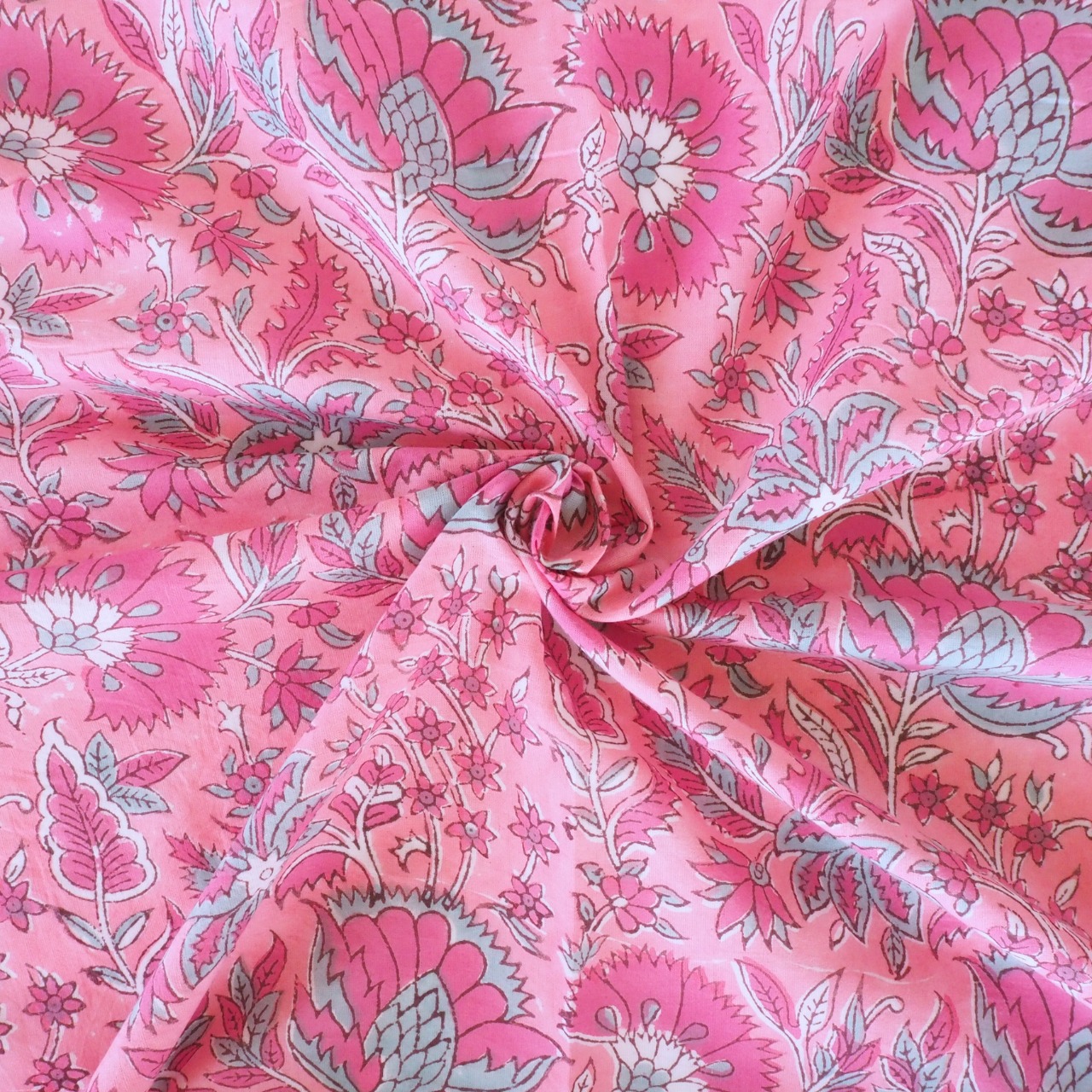 ブロックプリント生地【50cm単位】インド綿 花柄 ピンク×カーキ #10210-PK1