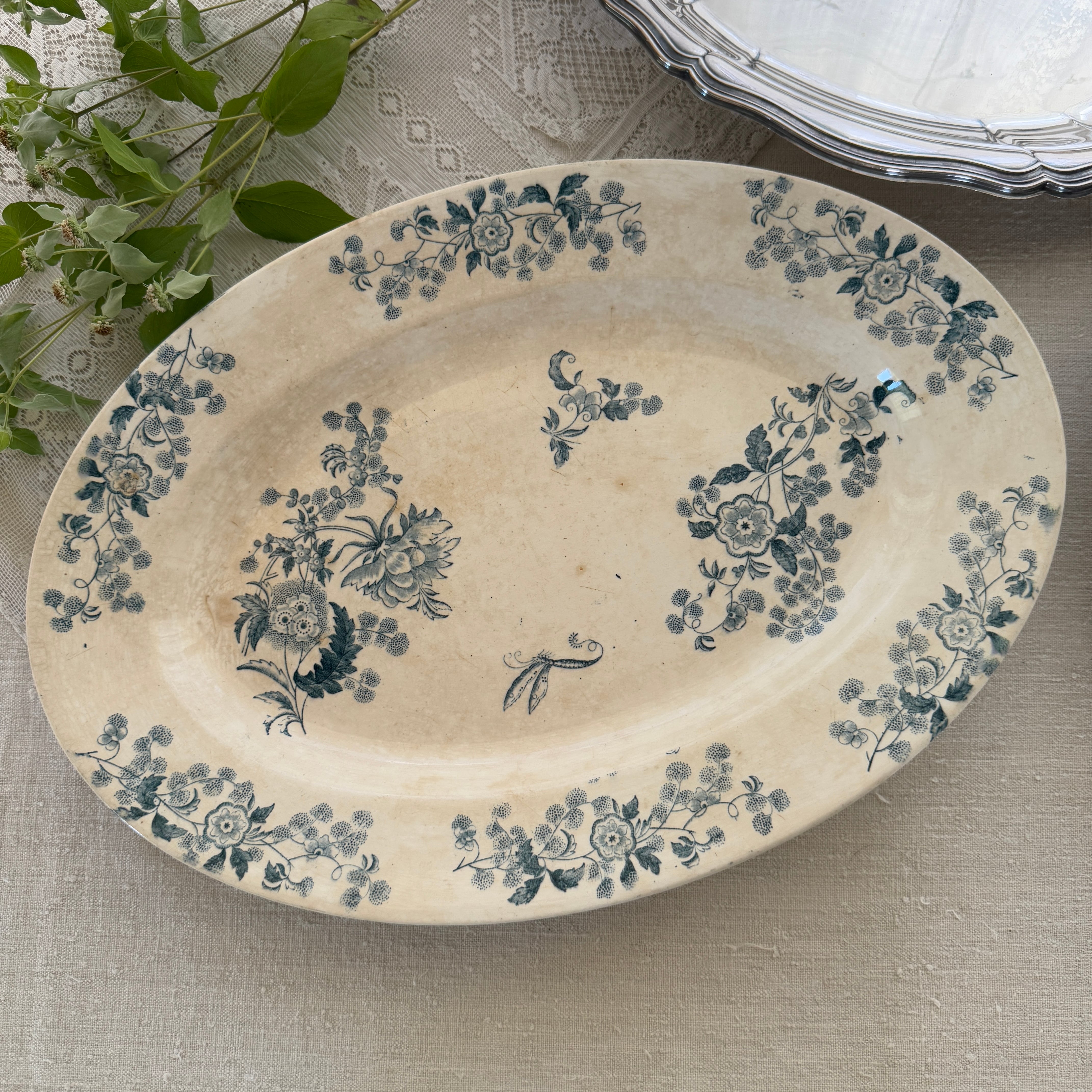 A French Antique Large Floral Transferware Oval Plate By Longwy