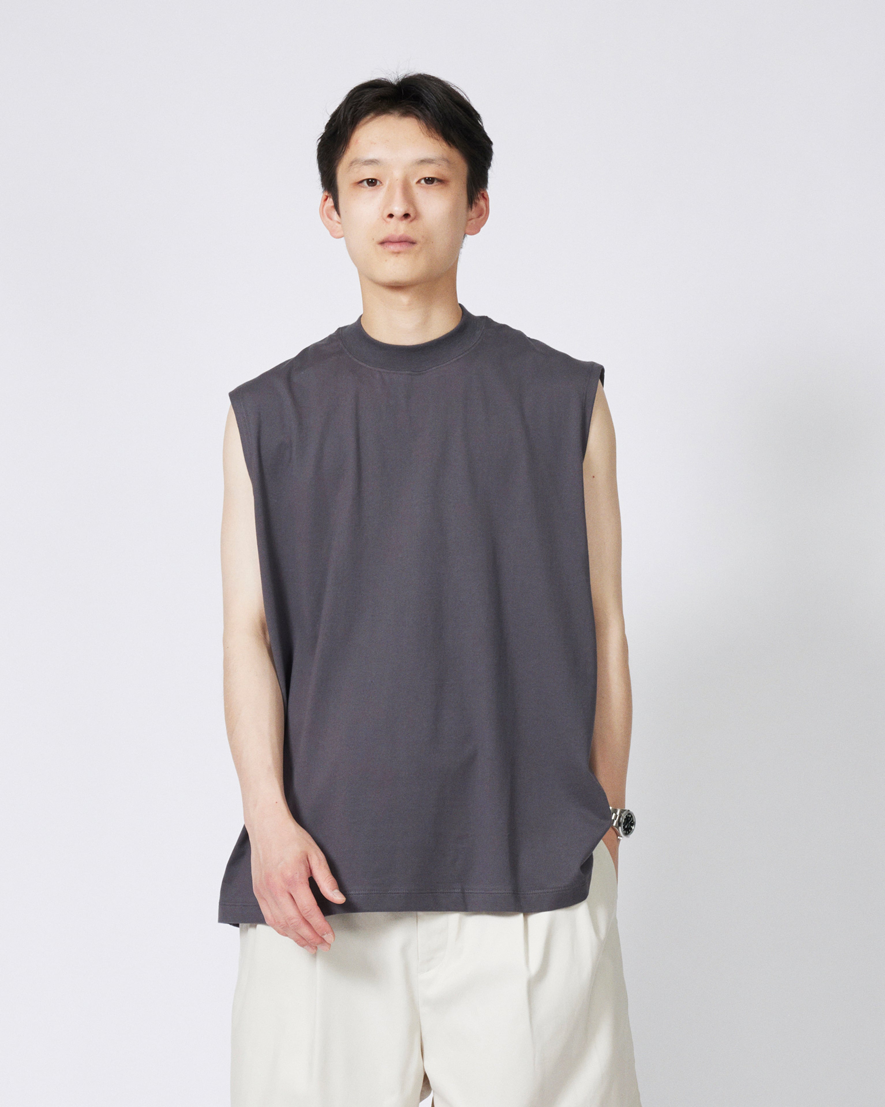 everyone high-gauge cotton no sleeve tee shirt (CHARCOAL) | everyone