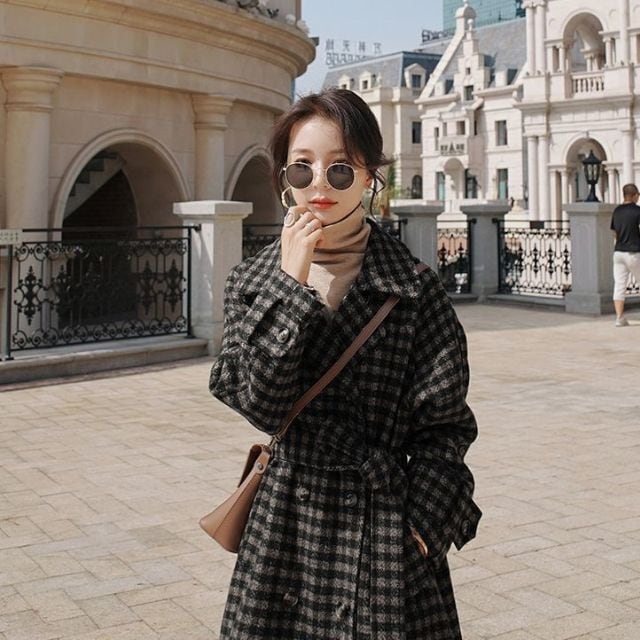 予約販売】チェック コート ロング丈 襟 ビックシルエット ウール