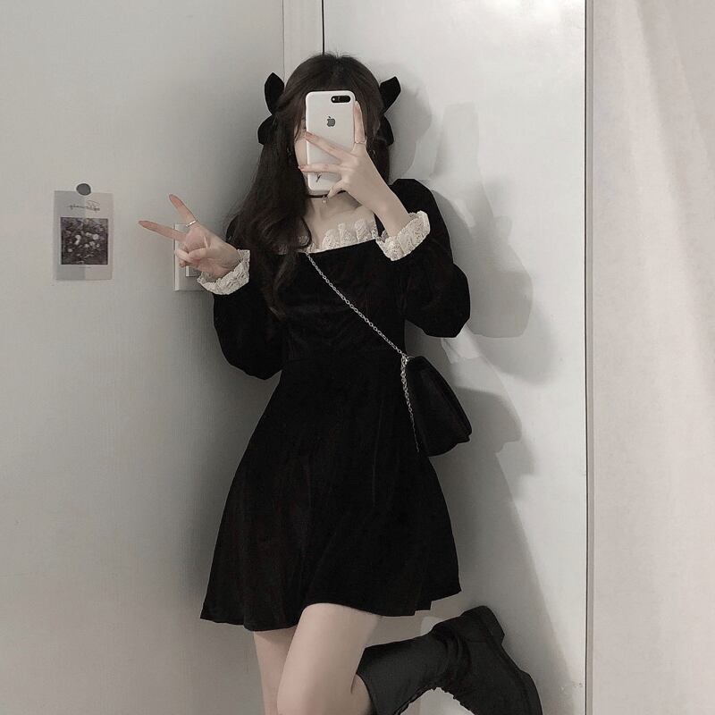 ブラックドレス スプリングスタンダードウェストAラインスカート レトロ 春物 試着室95567620811