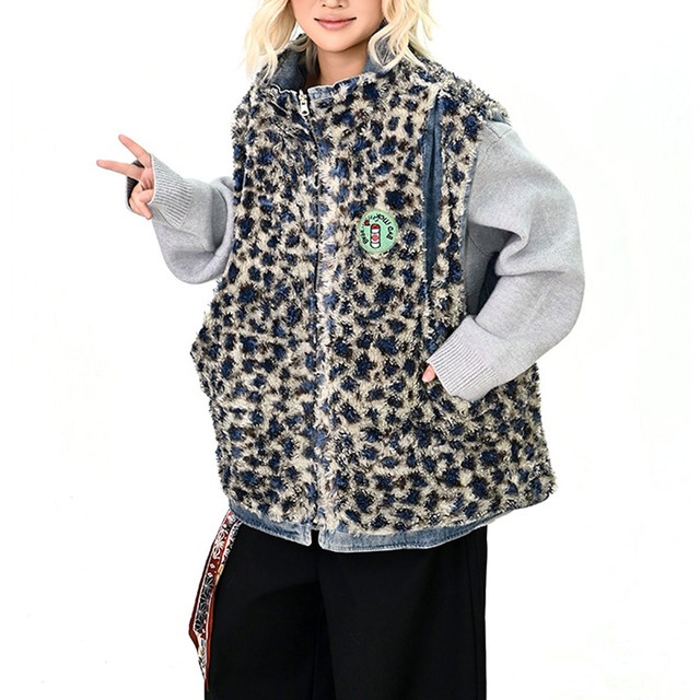 リバーシブルレオパードデニムベスト   R01167