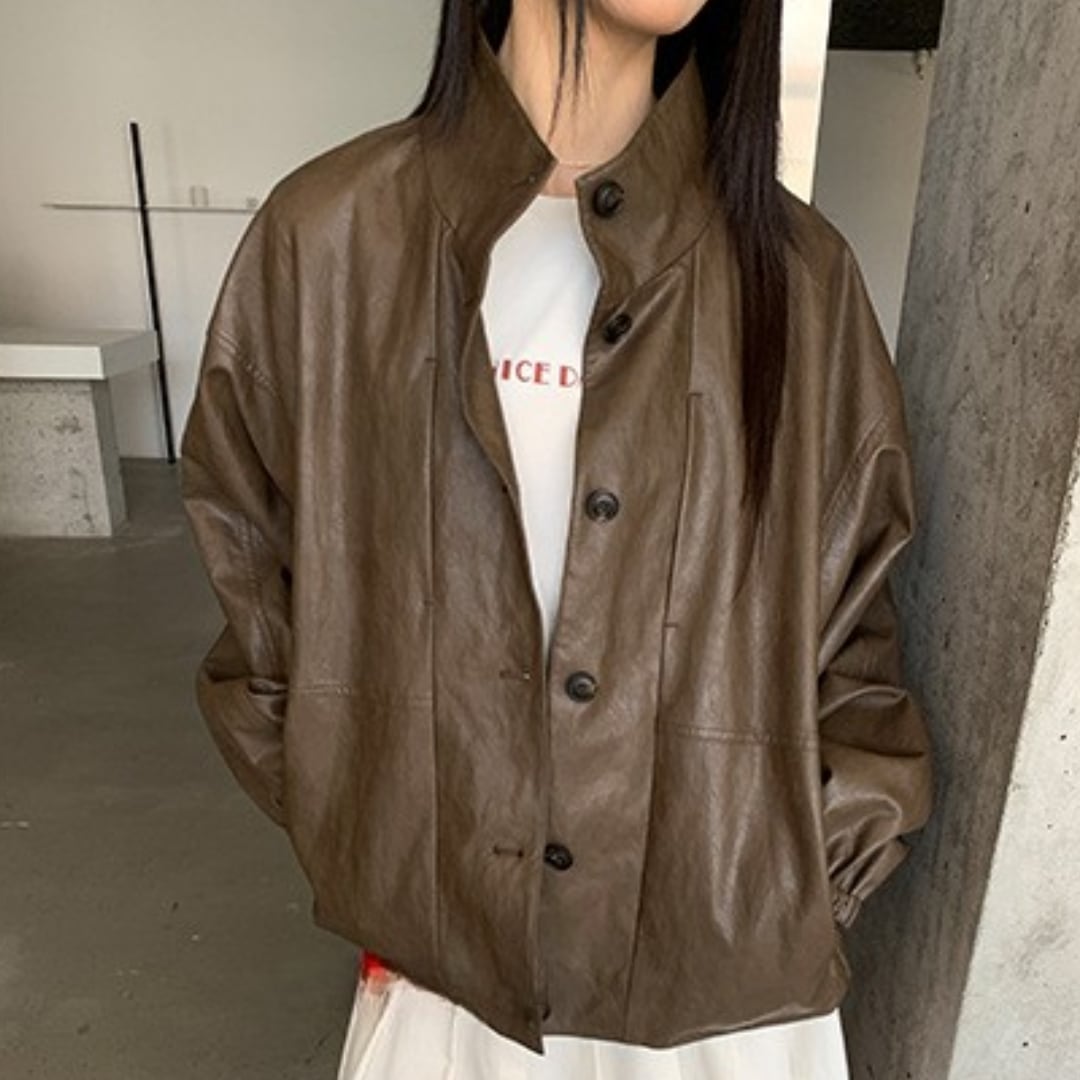 Stand collar fake leather jacket G852