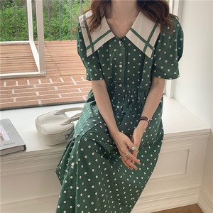 【送料無料】ワンピース ドレス レディース 2色 夏 ロングワンピース ロング丈 半袖 パフスリーブ フレア Aライン ハイウエスト 夏ワンピース 夏ワンピ 春 秋 ビッグカラー 襟 襟付きワンピ 配色 バイカラー ドット ドット柄 水玉 セーラーカラー セーラー襟 前ボタン フロントボタン 大人 上品 きれいめ レトロ かわいい 大人可愛い デート 女子会 食事会 お呼ばれ 韓国 人気 ゆったり 体型カバー 着痩せ 細見え 脚長 20代 30代 40代 50代 グリーン ホワイト