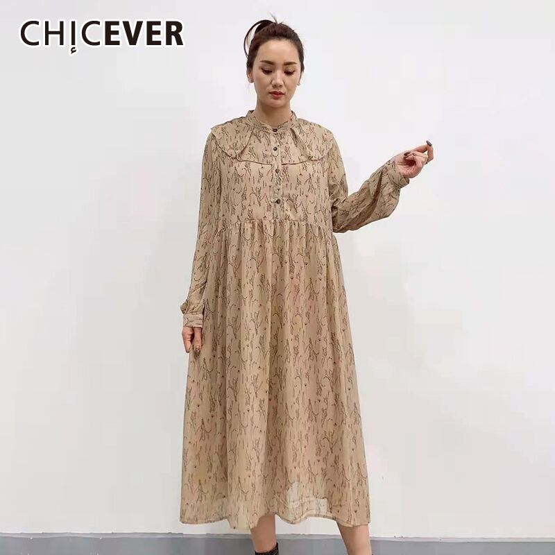 CHICEVERプリントドレスレディーススタンドカラー長袖プリントヒットカラールーズシャーリングドレス2021秋 ロング オータム 秋物 6base532779159050