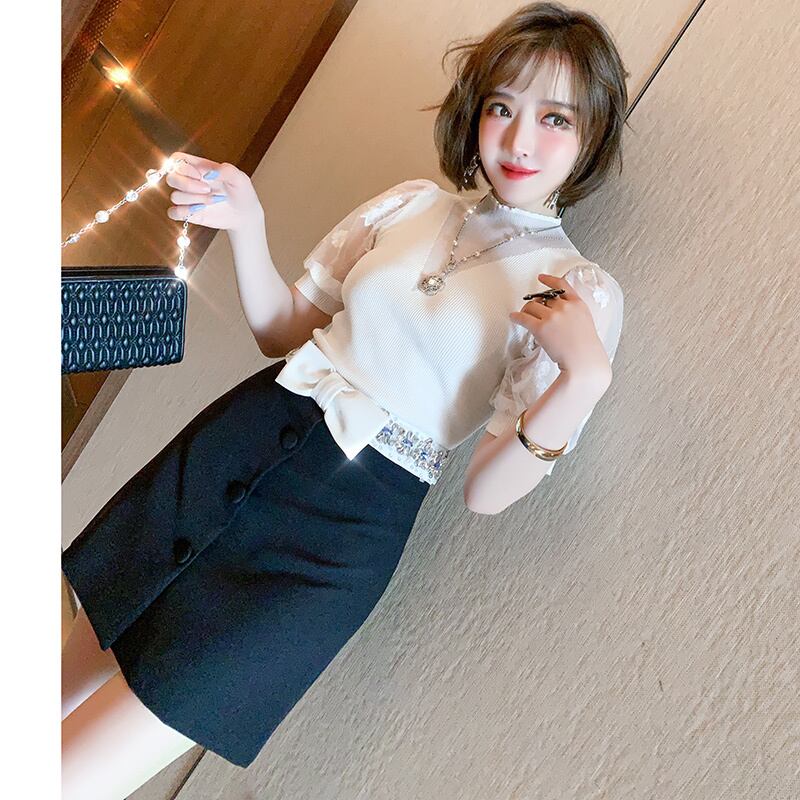 刺繍スリーブニットトップス リボンハイウェストウェストスカート オータム 秋物 MIUCO60844517038