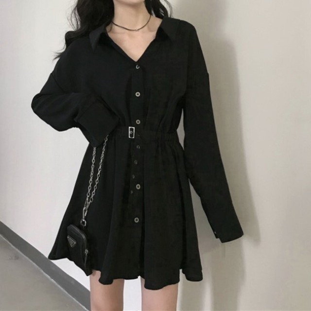 ヴィンテージフレンチVネックヘップバーンスタイル長袖ワンピース