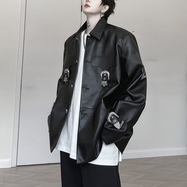 出品本日まで！ 黒レザージャケット ボタン留め ポケット付き 黒 美品