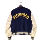 70s PITTSFORD ヴィンテージスタジャン 袖レザー アワードジャケット スタジアムジャンパー ネイビーウール 黒ラインリブ サイズM 古着 DZ0756
