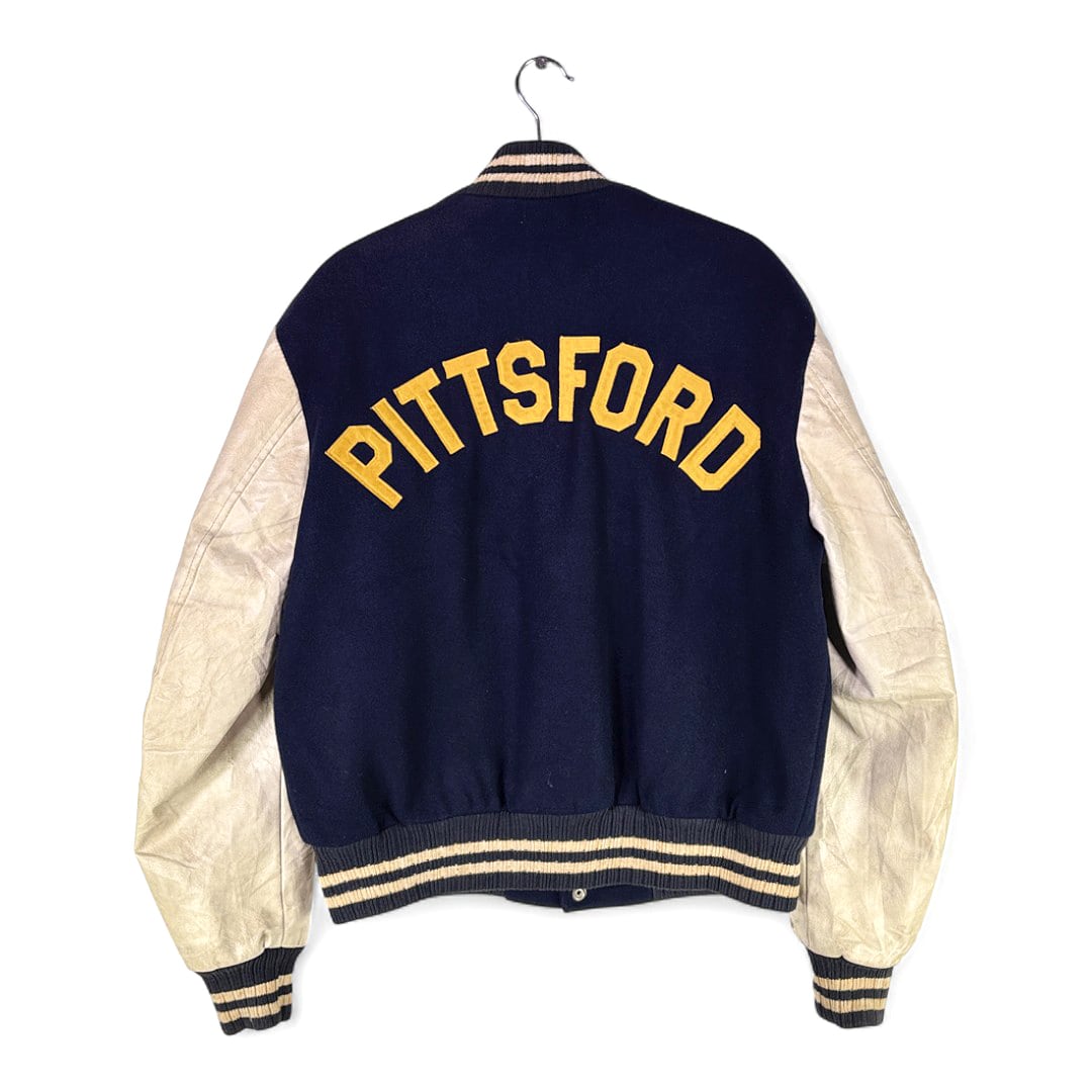 70s PITTSFORD ヴィンテージスタジャン 袖レザー アワードジャケット スタジアムジャンパー ネイビーウール 黒ラインリブ サイズM 古着 DZ0755