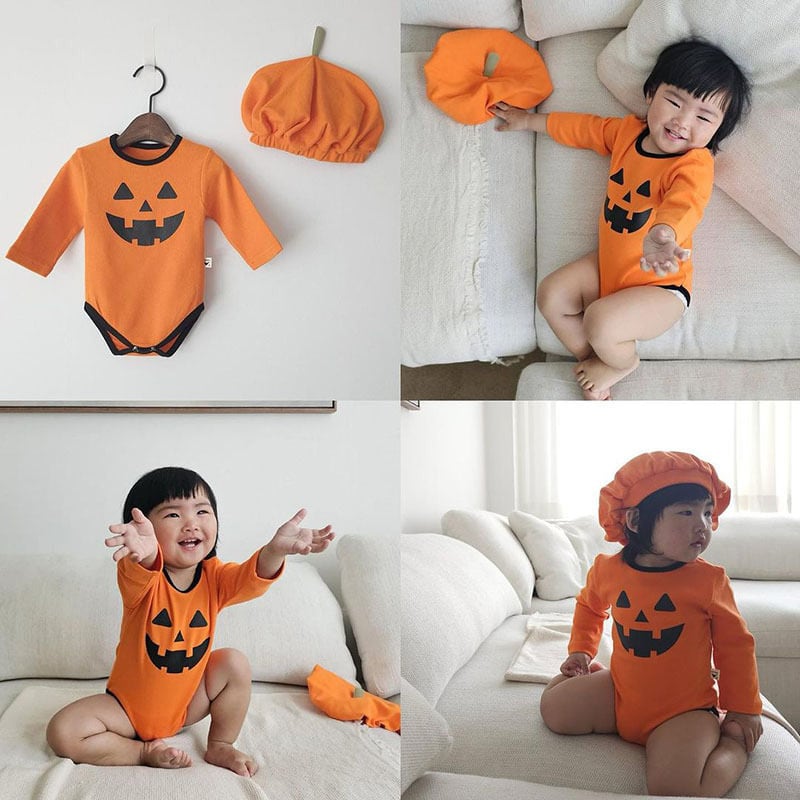 【BABY】ハロウィンパンプキン柄ロンパース&帽子