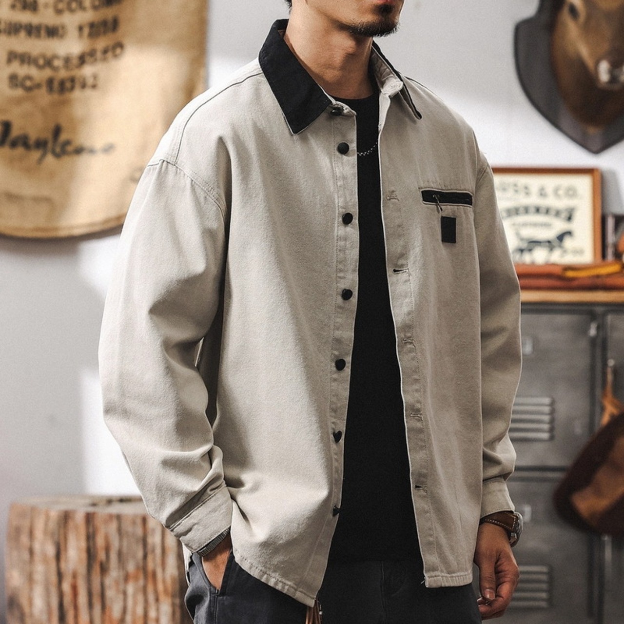 Button Front Long Sleeve Work Shirt ◇5color H0802