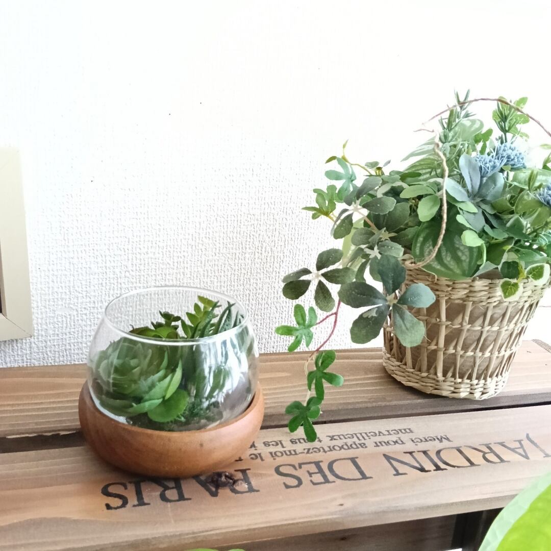 アウトレット品】ガラスに入ったフェイク多肉寄せ植え インテリア