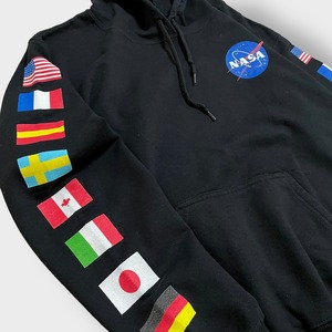 CHEMISTRY NASA ワンポイントロゴ パーカー バックプリント 袖プリント プルオーバー スウェット フーディー ブラック ケミストリー 国旗 us古着