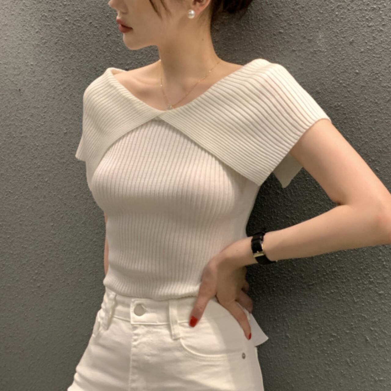 ビッグカラー リブニットトップス A4155