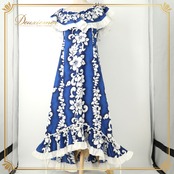 フラダンス 衣装 Royal Creations ロイヤルクリエーションズ ワンピース ドレス ブルー系 ハイビスカス柄 モンステラ柄 花柄 植物柄 ハワイアンプリント ハワイアン アロハ フラ ダンス レッスン 練習 ハワイアンダンス ネイビー系 ホワイト系 青 紺 白 フリル フレア 華やか 鮮やか かわいい おしゃれ