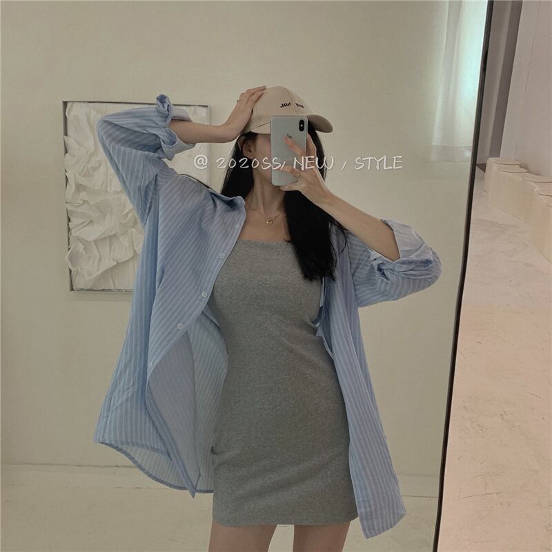 ストライプシャツジャケット女性秋ニューレトロ香港スタイルルーズBF風ロングシャツブルー長袖トップス ブラックストロベリース48053368638