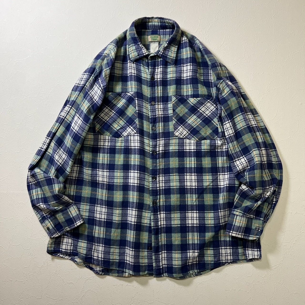 80s OZARKTRAIL チェック 襟芯 ネルシャツ 長袖シャツ オザークトレイル ブルー 古着