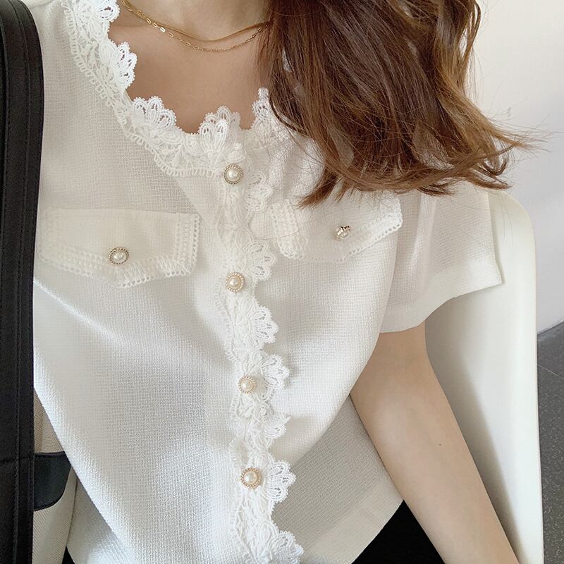 レースブラウス サマールーズ薄手シャツ 夏物 ステッチ ビッグFスモールZ韓国54251509674