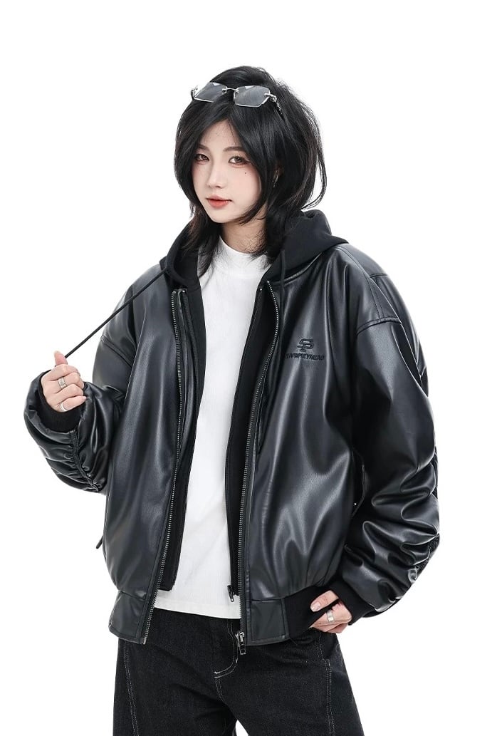 フェイクレザーフーデッドブルゾン / Faux Leather Hooded Blouson