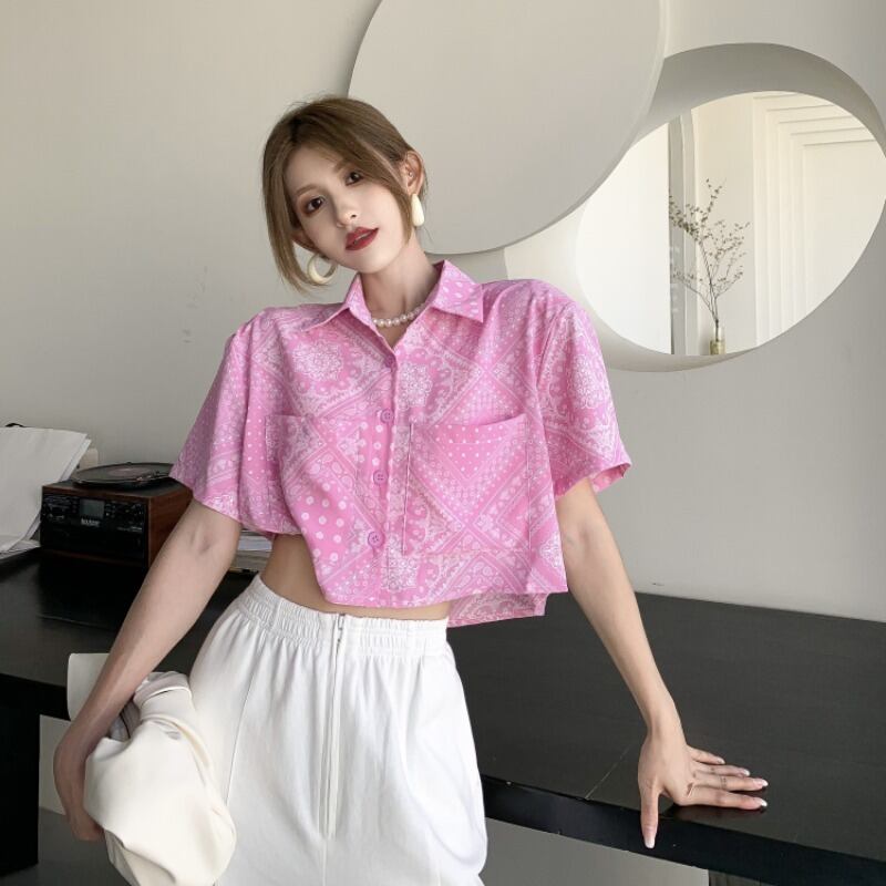 シャツ Flowerデザイン ショートサマールーズトップス ピンク 夏物 フラワーデザイン ブラックストロベリース10034489242